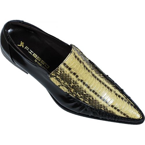 Fiesso Black / Cream Genuine Cobra Snake Skin and Lambskin Leather Pointed Toe Shoes With Artisan Rippled Leather Front FI6592/44